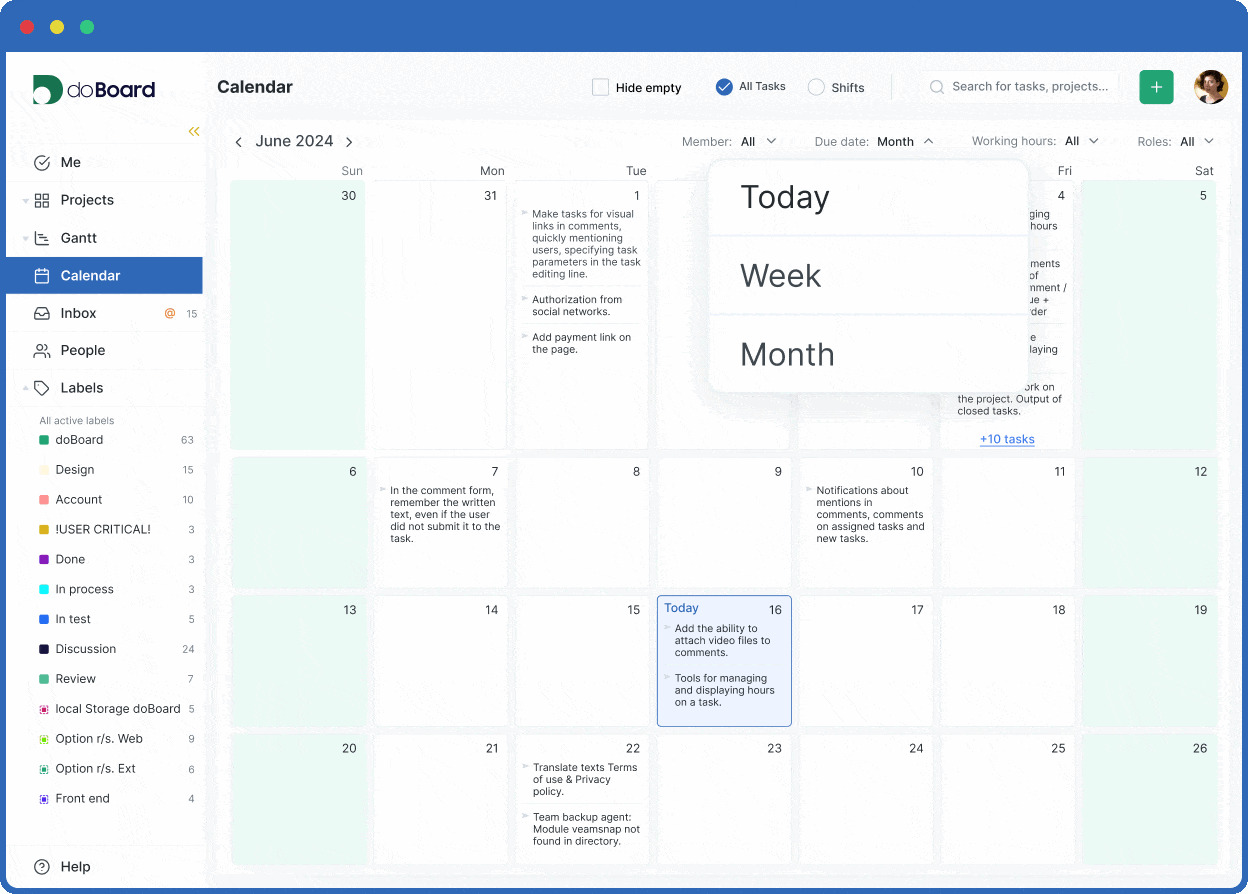 doBoard calendar with team tasks and role filters